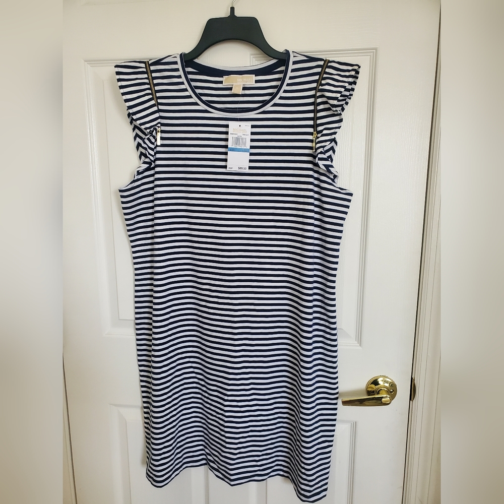 MICHAEL KORS MK BASICS COTTON STRIPE DRESS ZIPPER SLEEVE